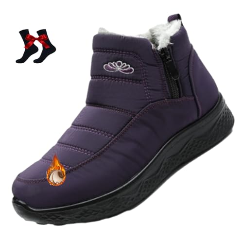 Damen Isolierte Schneestiefel Wasserdicht Rutschfest Pelz Gefüttert Bequem Warm Winter Fleece Verdickte Warme Flache Knöchel Booties, violett, 46 EU von WINDEHAO