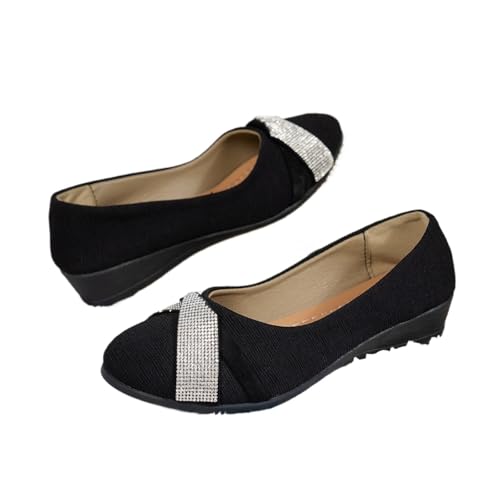 Damen Leichte Mode Strass Keilschuhe Schwarz Glitzer Bequeme Orthopädische Slip-On Ballerinas Runde Zehen Bequem Niedriger Absatz Pumps, Schwarz , 44 EU von WINDEHAO