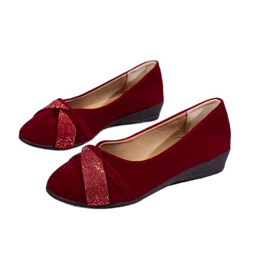 Damen Leichte Mode Strass Keilschuhe Schwarz Glitzer Bequeme Orthopädische Slip-On Ballerinas Runde Zehen Bequem Niedriger Absatz Pumps, weinrot, 44 EU von WINDEHAO