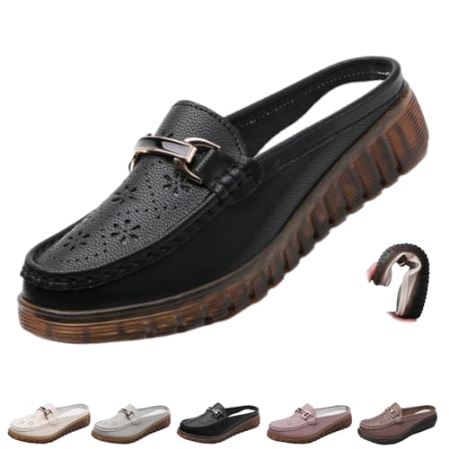 Damen Slip-On Leder Pantoletten Weiche Sohle Breite Rückenfrei Loafer Leichte Rutschfeste Orthopädische Leder Clogs Slip on Loafers Slippers, Schwarz , 44 EU von WINDEHAO
