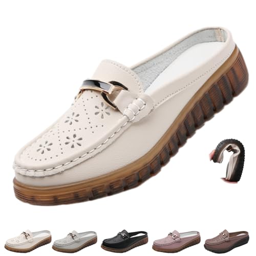 Damen Slip-On Leder Pantoletten Weiche Sohle Breite Rückenfrei Loafer Leichte Rutschfeste Orthopädische Leder Clogs Slip on Loafers Slippers, beige, 44 EU Damen Slip-On Leder Pantoletten Weiche Sohle Breite Rückenfrei Loafer Leichte Rutschfeste Orthopädische Leder Clogs Slip on Loafers Slippers, beige, 44 EU von WINDEHAO