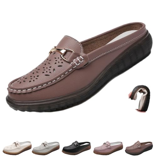 Damen Slip-On Leder Pantoletten Weiche Sohle Breite Rückenfrei Loafer Leichte Rutschfeste Orthopädische Leder Clogs Slip on Loafers Slippers, braun, 44 EU von WINDEHAO