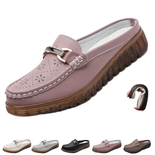 Damen Slip-On Leder Pantoletten Weiche Sohle Breite Rückenfrei Loafer Leichte Rutschfeste Orthopädische Leder Clogs Slip on Loafers Slippers, violett, 44 EU von WINDEHAO