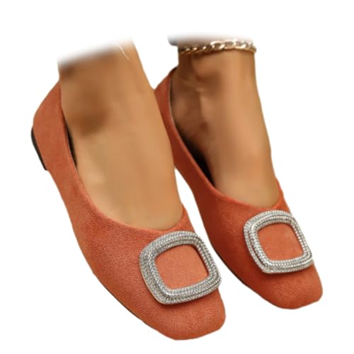 Damen Square Toe Slip-On Flats mit Strass Schnalle Flache Sohle Flache Sohle Flache Slipper Ballett Elegant Leicht Rutschfest Mary Jane, Orange, 44 EU von WINDEHAO