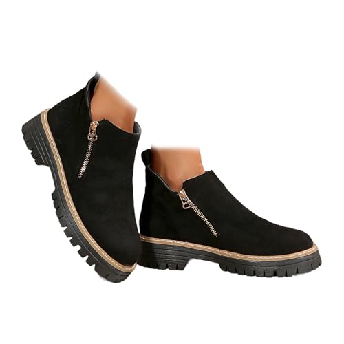 Damen Stiefeletten mit klobigem Absatz und doppeltem seitlichem Reißverschluss, Veloursleder, seitlicher Reißverschluss, niedriger Absatz, Winterstiefel, kurze Stiefel, runde Zehenpartie, rutschfeste von WINDEHAO