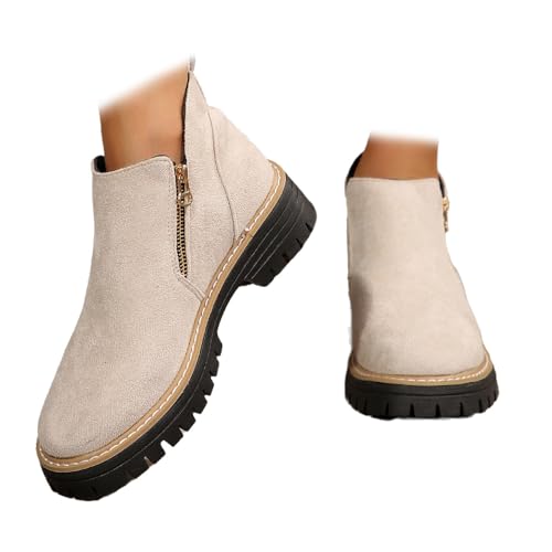 Damen Stiefeletten mit klobigem Absatz und doppeltem seitlichem Reißverschluss, Veloursleder, seitlicher Reißverschluss, niedriger Absatz, Winterstiefel, kurze Stiefel, runde Zehenpartie, rutschfeste von WINDEHAO