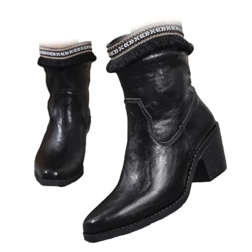 Damen Western Mid-Calf Cowboystiefel Spitz Zehen Braun Leder Western Stiefeletten - Fransenbesatz Blockabsatz Cowgirl Booties, Schwarz , 46 EU von WINDEHAO