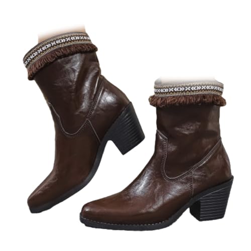 Damen Western Mid-Calf Cowboystiefel Spitz Zehen Braun Leder Western Stiefeletten - Fransenbesatz Blockabsatz Cowgirl Booties, braun, 46 EU von WINDEHAO