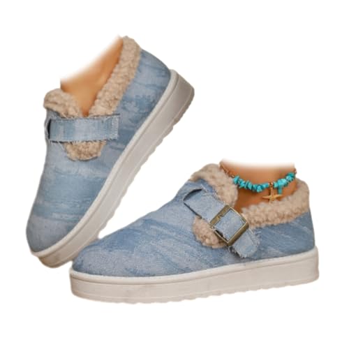 Damen Winter Plüsch Gefüttert Flache Schuhe Runde Zehe Denim Plateau Stiefeletten Schlupfstiefel Warm Fleece Gefüttert Schneestiefel, hellblau, 46 EU von WINDEHAO