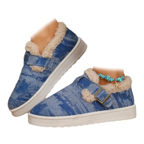 Damen Winter Plüsch Gefüttert Flache Schuhe Runde Zehen Denim Plateau Stiefeletten Slip on Warm Fleece Gefüttert Schneestiefel, blau, 46 EU von WINDEHAO