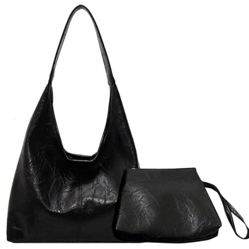 Distressed Leather Tote, Large Capacity Women's Hobos Shoulder Bags Soft Vegan Leather Shoulder Handbag for School Work, Schwarz , L, Tote, Hobo von WINDEHAO