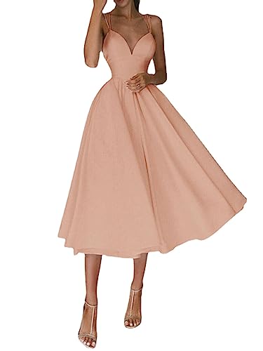 Elegantes Kleid mit V-Ausschnitt,Damen V-Ausschnitt Spaghetti-Träger Rückenfrei Cocktail Party Kleid Formal Brautjungfer Sonnenkleid (Apricot,M) von WINDEHAO