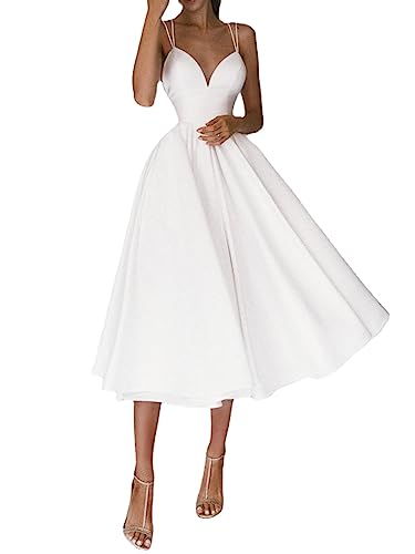 Elegantes Kleid mit V-Ausschnitt,Damen V-Ausschnitt Spaghetti-Träger Rückenfrei Cocktail Party Kleid Formal Brautjungfer Sonnenkleid (White,M) von WINDEHAO
