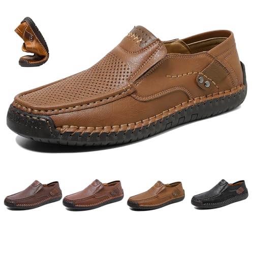 Enjeer Orthopädische Wanderschuhe Herren, Ideacloth Herren Wasserdicht Orthopädische Fahrschuhe Handgemachte Echtes Leder Slip On Loafer, Gelb / Braun hohl, 44 EU von WINDEHAO
