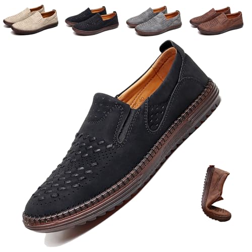 Herren Slip-On Orthopädische Leder Kleid Loafers, handgenähte Lederschuhe, orthopädische freihändige rutschfeste Loafers, weich, atmungsaktiv, Fahrschuhe, Schwarz , 46 EU von WINDEHAO