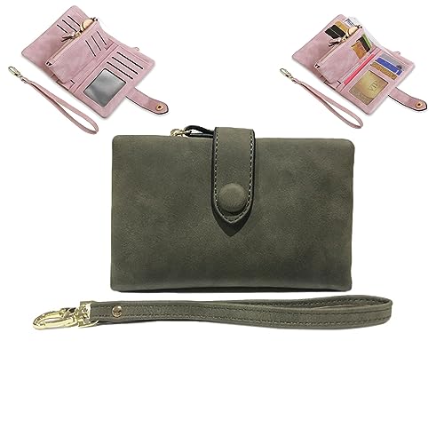 Kleine Leder Trifold Geldbörsen für Frauen Mini Wristlet Clutch Zipper Coin Purse with Wrist Strap,Große Kapazität Multilayer Leder Geldbörsen (Army Green) von WINDEHAO