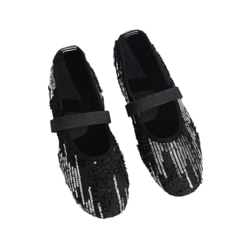 Mary Jane Damen Ballerinas mit glitzernden Pailletten, mit Riemen, weich, bequem, atmungsaktiv, runde Zehenpartie, Schlupfschuhe für Frauen, Schwarz , 44 EU von WINDEHAO