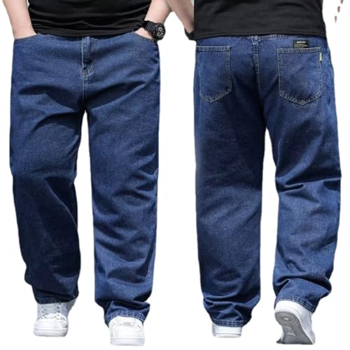 Men’s High Waist Straight Fit Jeans Plus Size 48W Jeans Loose Fitting Straight Leg Jeans High Elasticity Baggy Jeans (Dark Blue,48W) von WINDEHAO