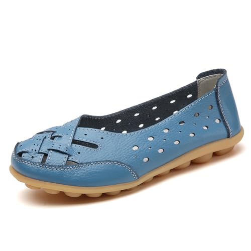 Orthopädische Loafer aus atmungsaktivem Leder, Damen-Slipper aus Rindsleder, flache Sandalen, leger, runder Zehenbereich, Mokassins, flache Schuhe, blau, 39. von WINDEHAO