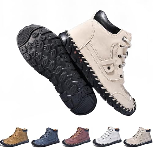 Sawbehind Herrenstiefel – Sawbehind bequeme handgefertigte Lederstiefel für den Außenbereich, breit, wasserdicht, Fußgewölbeunterstützung, Knöchel-Wanderstiefel, beige, 46 EU von WINDEHAO