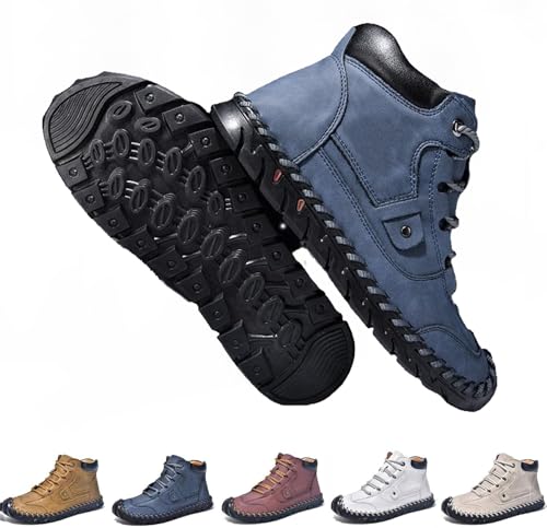 Sawbehind Herrenstiefel – Sawbehind bequeme handgefertigte Lederstiefel für den Außenbereich, breit, wasserdicht, Fußgewölbeunterstützung, Knöchel-Wanderstiefel, dunkelblau, 46 EU von WINDEHAO