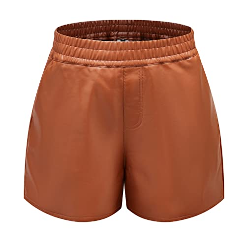 Übergröße 3XL Damen Hohe Taille Sexy Kunstleder Shorts, Taschen Weites Bein Shorts, Casual Baggy PU Leder Shorts (Braun, M) von WINDEHAO