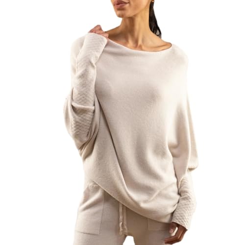 WINDEHAO Asymmetric Draped Jumper,Long Batwing Sleeve Slouchy Ultra Soft Knitted Jumper Oversized Cowl Neck or Off The Shoulder Sweater (Apricot,One Size) von WINDEHAO