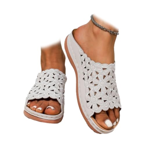 WINDEHAO Atmungsaktive orthopädische Hausschuhe mit offener Zehenpartie für Damen, mit weicher Polsterung, Fußgewölbeunterstützung, orthopädischer niedriger Absatz, ausgeschnittene Sandalen, Blumen von WINDEHAO