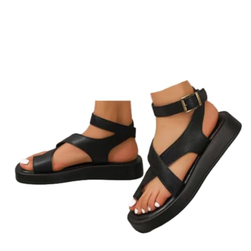 WINDEHAO Damen Echtes Leder Plateau Römersandalen Flip-Flops Sommer Gladiator Sandalen Sommer Strand Chunky Sandalen (Schwarz, 41EU) von WINDEHAO
