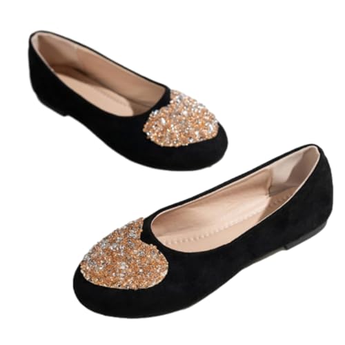 WINDEHAO Damen Herz Strass Wildleder Weiche Sohle Mary Janes Runde Zehen Slip On Low Cut Pumps Elegant Leicht Ballerinas Hochzeit Party Schuhe, Schwarz , 39.5 EU von WINDEHAO