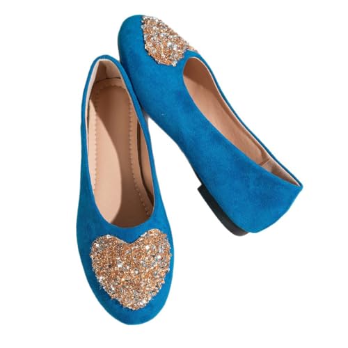 WINDEHAO Damen Herz Strass Wildleder Weiche Sohle Mary Janes Runde Zehen Slip On Low Cut Pumps Elegant Leicht Ballerinas Hochzeit Party Schuhe, blau, 39.5 EU von WINDEHAO