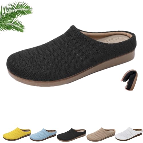 WINDEHAO Damen Knit Round Toe Flats Pantoletten Leichte Weiche Sohle Slip on Clogs Rückenfrei Hausschuhe Atmungsaktiv Strick Rückenfrei Loafers Slides, Schwarz , 44 EU von WINDEHAO