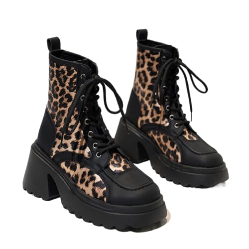 WINDEHAO Damen Leopard Print Chunky Black Lace Up Ankle Boots Vintage Plateau Kurze Biker Boots Leopard Chunky Heel Ankle Boot, Schwarz 1 2, 46 EU von WINDEHAO