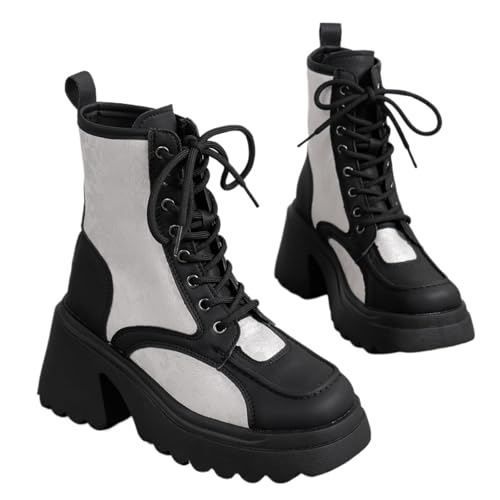 WINDEHAO Damen Leopard Print Chunky Black Lace Up Ankle Boots Vintage Plateau Kurze Biker Boots Leopard Chunky Heel Ankle Boot, Weiß (1), 46 EU von WINDEHAO