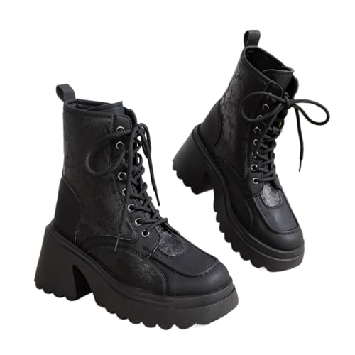 WINDEHAO Damen Leopard Print Chunky Black Lace Up Ankle Boots Vintage Plateau Kurze Biker Boots Leopard Chunky Heel Ankle Boot, schwarz 1, 46 EU von WINDEHAO