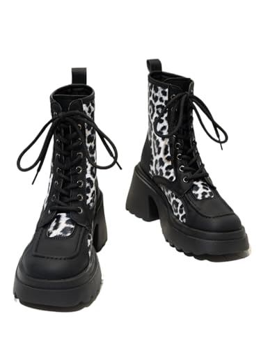 WINDEHAO Damen Leopard Print Chunky Black Lace Up Ankle Boots Vintage Plateau Kurze Biker Boots Leopard Chunky Heel Ankle Boot, weiß 2, 46 EU von WINDEHAO