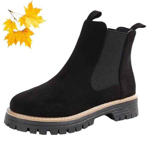 WINDEHAO Damen Runde Zehen Elastische Stiefeletten Wildleder Chelsea Boots Chunky Heel Kurze Booties Bequeme Plateau Stollensohle Combat Boot, Schwarz , 46 EU von WINDEHAO