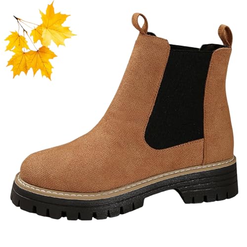 WINDEHAO Damen Runde Zehen Elastische Stiefeletten Wildleder Chelsea Boots Chunky Heel Kurze Booties Bequeme Plateau Stollensohle Combat Boot, braun, 46 EU von WINDEHAO
