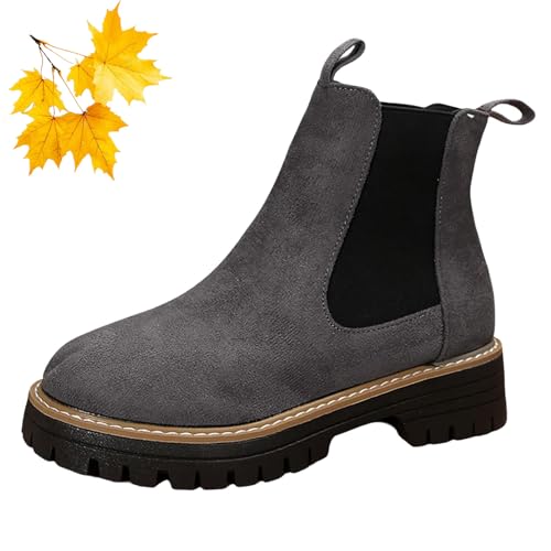 WINDEHAO Damen Runde Zehen Elastische Stiefeletten Wildleder Chelsea Boots Chunky Heel Kurze Booties Bequeme Plateau Stollensohle Combat Boot, grau, 46 EU von WINDEHAO