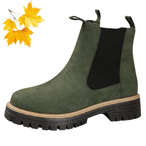 WINDEHAO Damen Runde Zehen Elastische Stiefeletten Wildleder Chelsea Boots Chunky Heel Kurze Booties Bequeme Plateau Stollensohle Combat Boot, grün, 46 EU von WINDEHAO