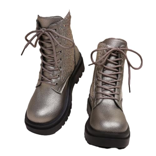 WINDEHAO Damen Vintage Plateau Orthopädische Stiefeletten Sparkly Pailletten Round Toe Plateau Booties Sparkly Glitter Lace Up Combat Boots, Grau 1, 46 EU von WINDEHAO