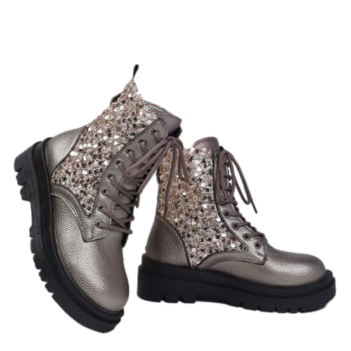 WINDEHAO Damen Vintage Plateau Orthopädische Stiefeletten Sparkly Pailletten Round Toe Plateau Booties Sparkly Glitter Lace Up Combat Boots, Grau 2, 46 EU von WINDEHAO