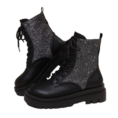 WINDEHAO Damen Vintage Plateau Orthopädische Stiefeletten Sparkly Pailletten Round Toe Plateau Booties Sparkly Glitter Lace Up Combat Boots, Schwarz , 46 EU von WINDEHAO