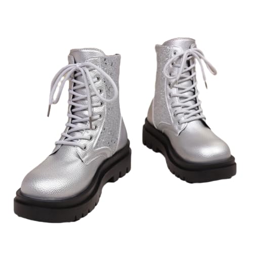 WINDEHAO Damen Vintage Plateau Orthopädische Stiefeletten Sparkly Pailletten Round Toe Plateau Booties Sparkly Glitter Lace Up Combat Boots, Silber 1, 46 EU von WINDEHAO