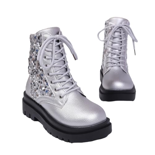 WINDEHAO Damen Vintage Plateau Orthopädische Stiefeletten Sparkly Pailletten Round Toe Plateau Booties Sparkly Glitter Lace Up Combat Boots, Silber 2, 46 EU von WINDEHAO