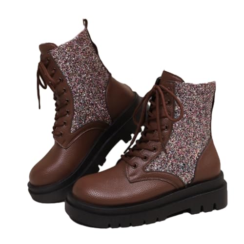 WINDEHAO Damen Vintage Plateau Orthopädische Stiefeletten Sparkly Pailletten Round Toe Plateau Booties Sparkly Glitter Lace Up Combat Boots, braun, 46 EU von WINDEHAO