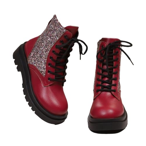 WINDEHAO Damen Vintage Plateau Orthopädische Stiefeletten Sparkly Pailletten Round Toe Plateau Booties Sparkly Glitter Lace Up Combat Boots, rot, 46 EU von WINDEHAO