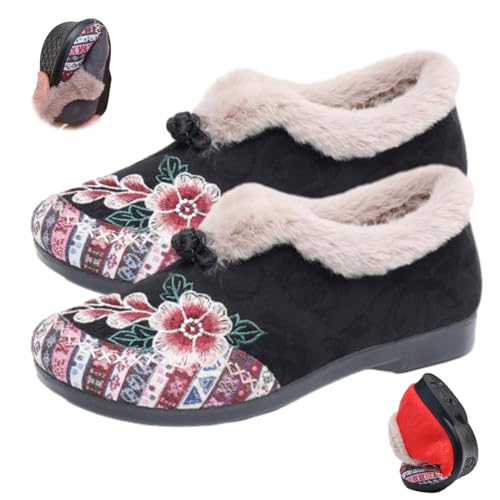 WINDEHAO Damen Weiche Sohle Rutschfeste Warme Baumwolle Stiefel Warm Plüsch Gefüttert Floral Stickerei Stiefelette Gemütlich Flach Slip-On Indoor Outdoor Haus Schuhe, Schwarz , 46 EU von WINDEHAO