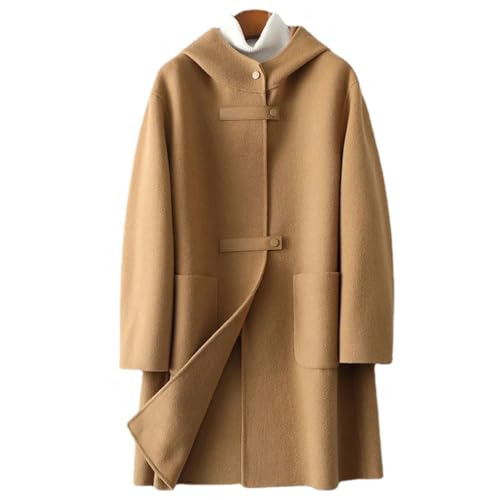 WINDEHAO Damen mit Kapuze doppelseitiger Wollmantel große Taschen lose Mode Kapuzenabschnitt doppelseitiger Tweed-Wollmantel, camel, 50 von WINDEHAO