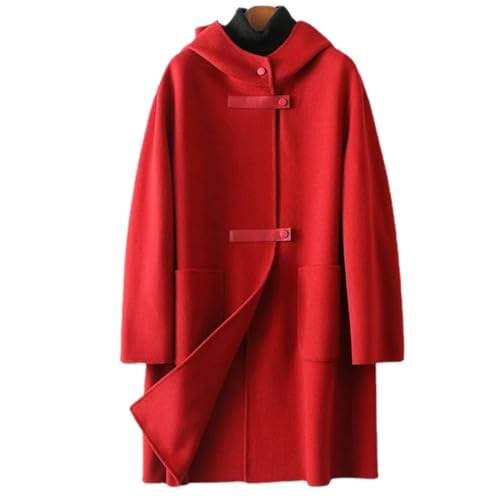 WINDEHAO Damen mit Kapuze doppelseitiger Wollmantel große Taschen lose Mode Kapuzenabschnitt doppelseitiger Tweed-Wollmantel, rot, 52 von WINDEHAO